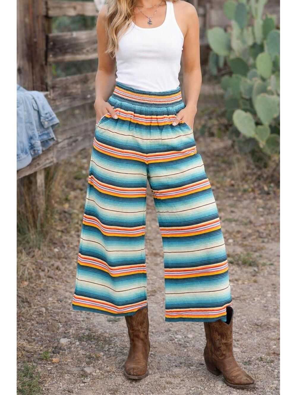 Ariat Womens Striped Wide Leg Pants Sz M Southwest Pull On Festival Western